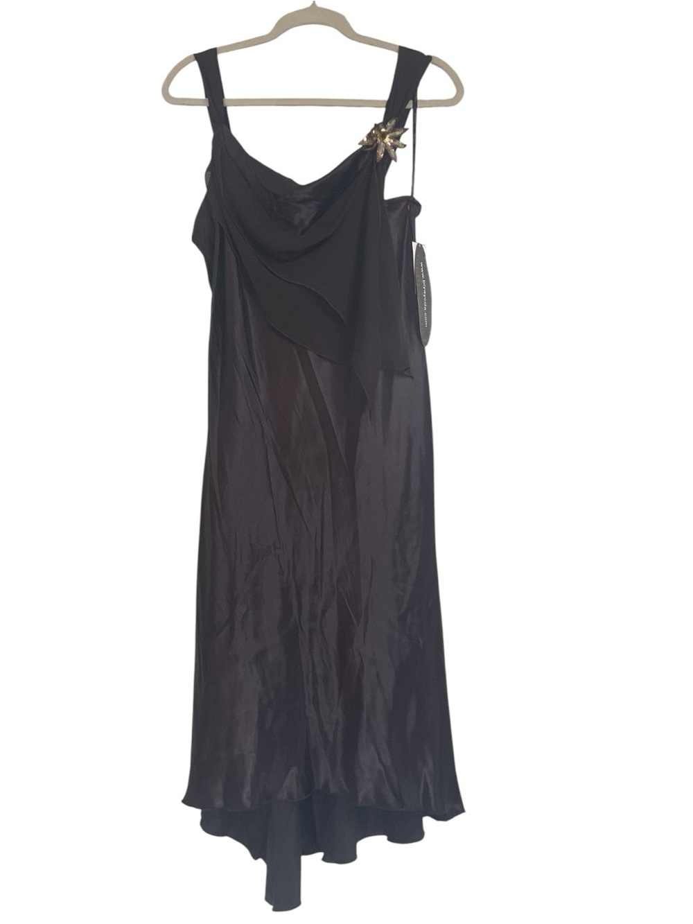 BIYAYCDA Believe Brown Satin Cocktail Dress Women’s Size 16 Draped Beaded Midi